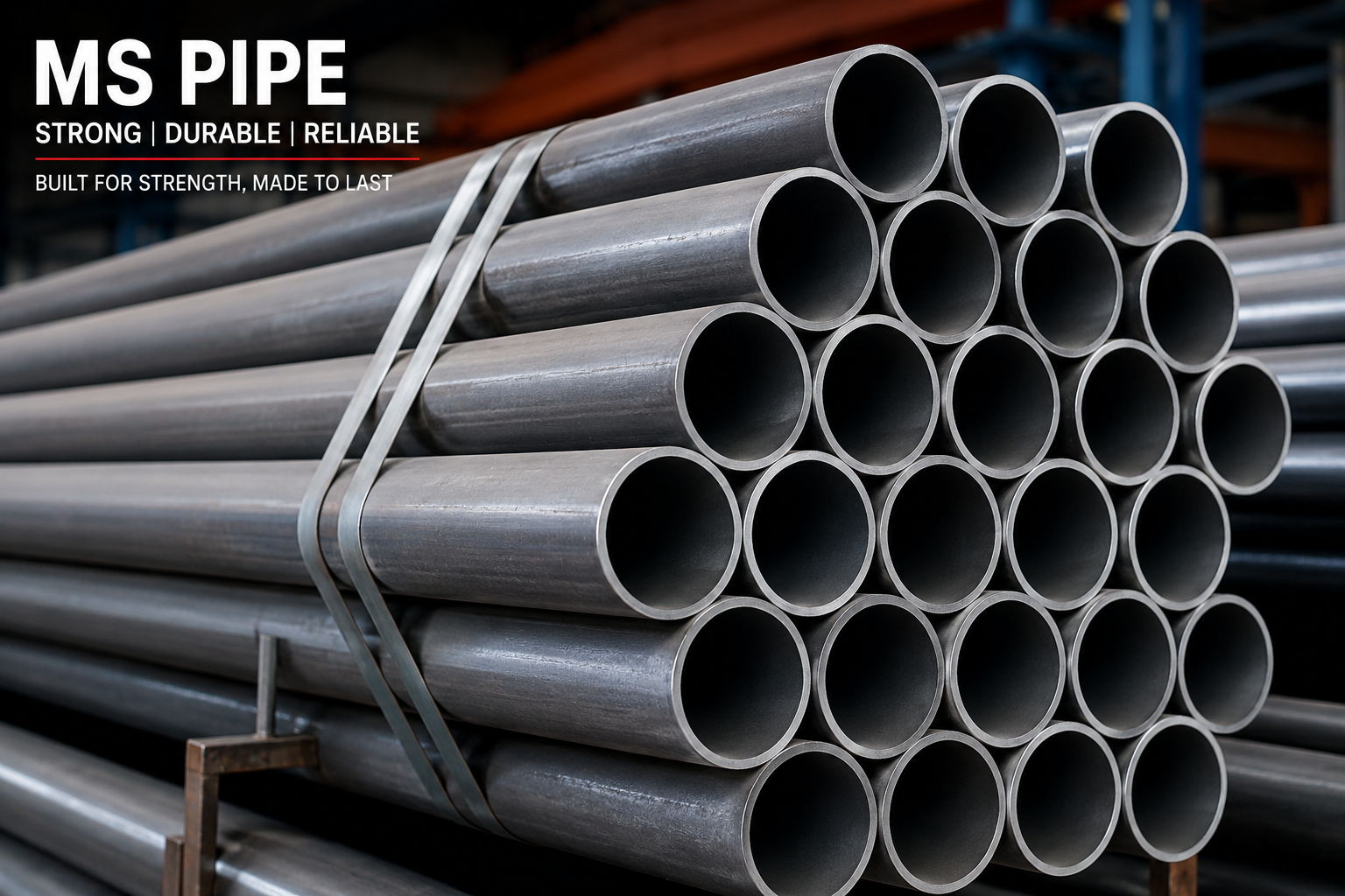 Mild Steel Pipes IS 1239 bundles stacked in steel warehouse yard - mspipesupplier.com